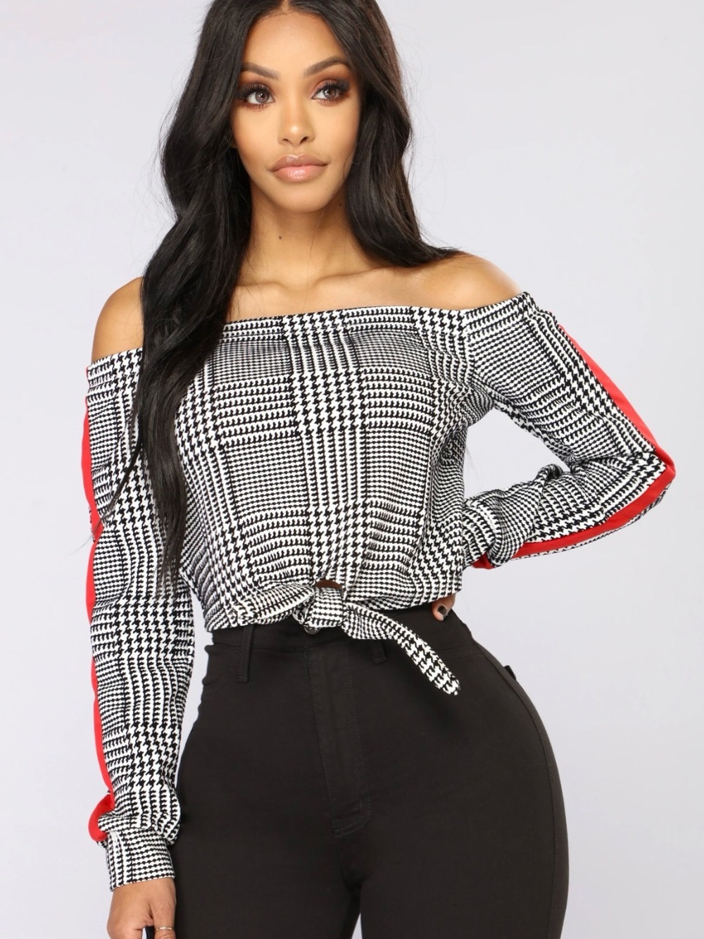 Fashion Nova Black and White Houndstooth Off-Shoulder Crop Top 1x